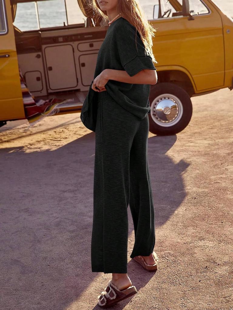 Women's Two Piece Travel Lounge Set Short Sleeve Knit Pullover and Wide Leg Pants Tracksuit