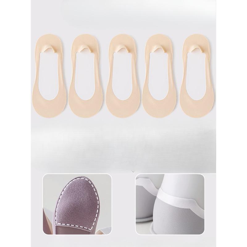 5 Pairs of Female Summer Thin Foot Protector Cotton Pad Non Slip with Ice Silk Shallow Mouth Invisible Socks
