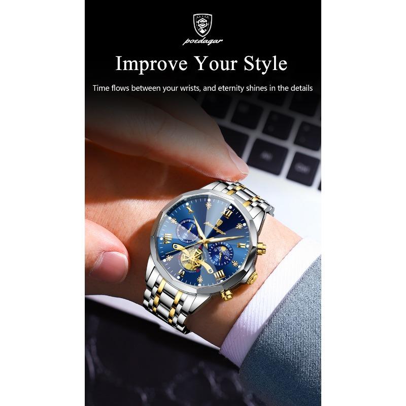 POEDAGAR Original Luxus Herrenuhr Wasserdicht Leuchtend Chronograph Armbanduhr Edelstahl Quarzuhren für Mann Reloj