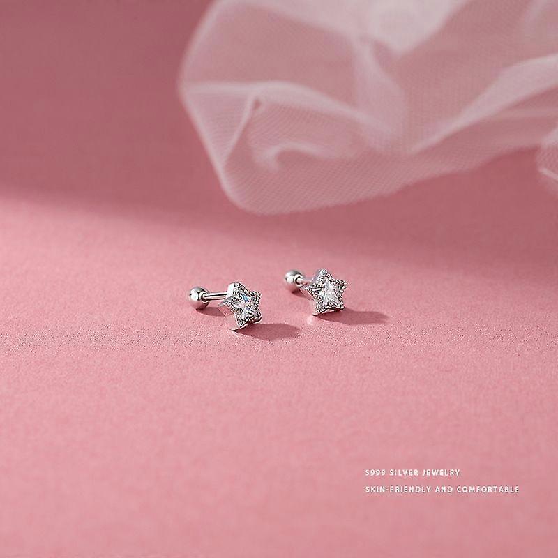 White Zircon Five-pointed Star Screw Earrings - Sterling Silver S999 Sterling Silver Colored Zircon Five-pointed Star Screw Earrings for Women In