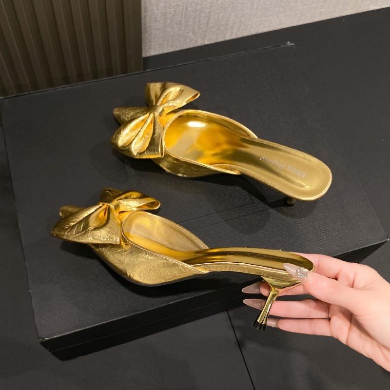 Fashion New Baotou Stiletto High-heeled Shoes Spring and Summer Pointed Toe Shallow Mouth Temperament Bow Non-slip Cool Slippers