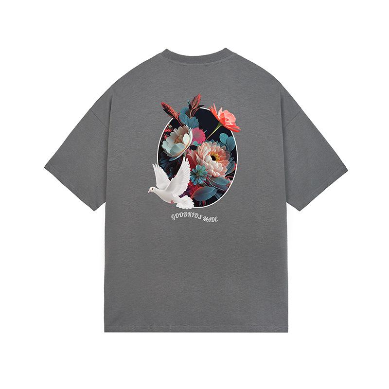 

Летняя новая американская ретро повседневная свободная футболка с цветочным принтом Dove Digital с короткими рукавами для мужчин XXL серый