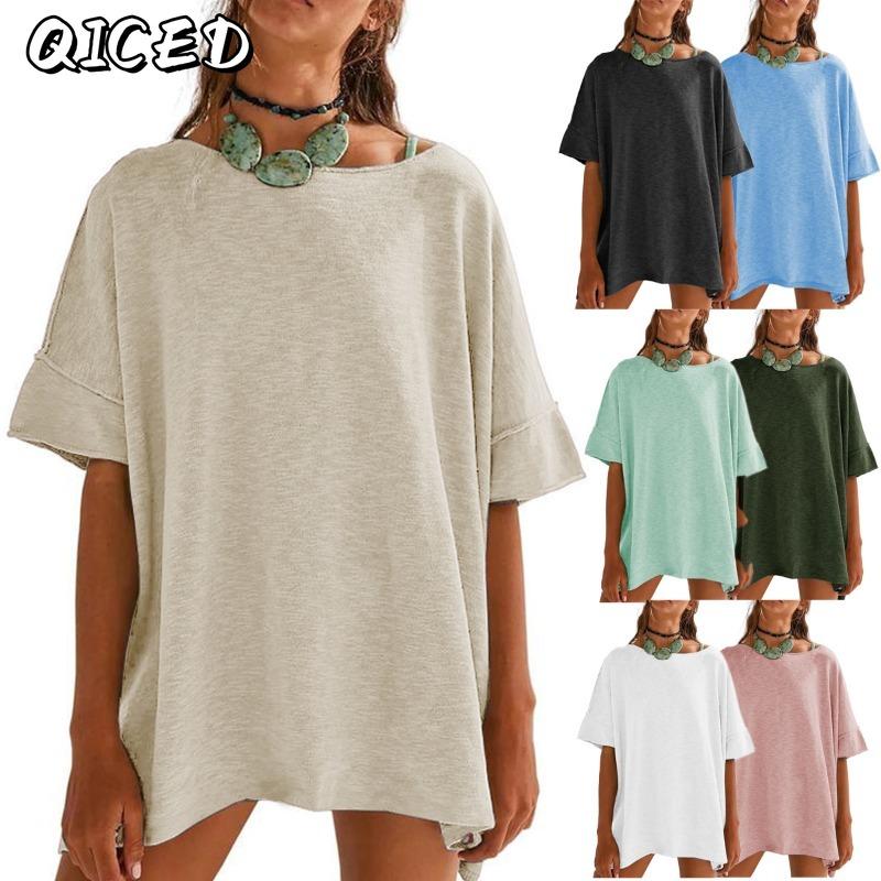 QICED Women's Fashion Casual Solid Color Print 1/2 Sleeves O-Neck Blouses & Shirts