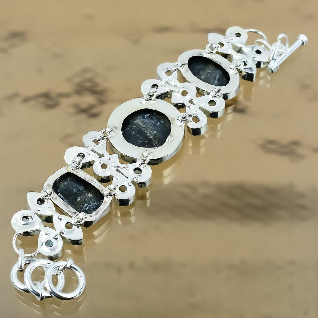 Natural Bumble Bee Jasper Gemstone Chain Black Adjustable Bracelet 925 Silver