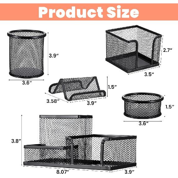 Black Mesh Pen Holder for Desk Pencil Holders 5 Pieces Desk Organizer Office Supplies Caddy with Sticky Notes Holder for Office Home