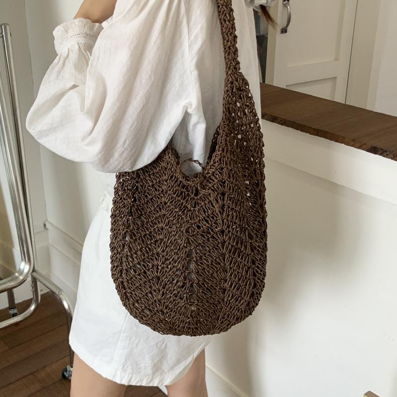 

Niche design woven bag women s summer new large-capacity shoulder bag casual tote bag кофейный