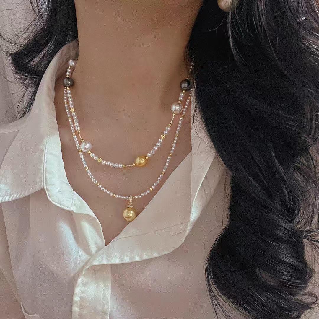 Maillard Style High Quality Warm Gold Cold White Artificial High Gloss Pearl Collarbone Chain Sweater Chain Necklace Removable
