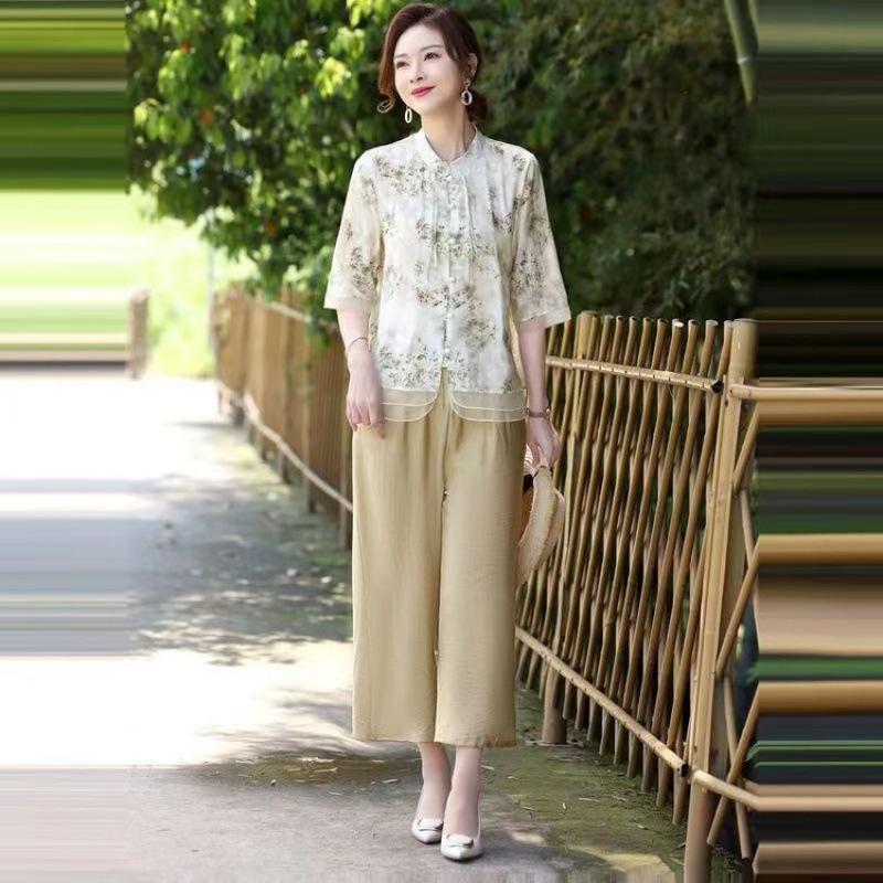 

Summer Elegant Mother s Attire Mid Sleeve Shirt Fashionable Middle Age Women s Clothing National Trendy T-shirt L хаки
