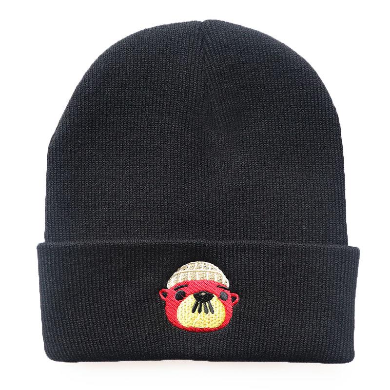 

European and American men s and women s autumn and winter animal cartoon bear embroidered knitted hat, pullover warm hat, hip-hop outdoor wool hat Adjustable чёрный