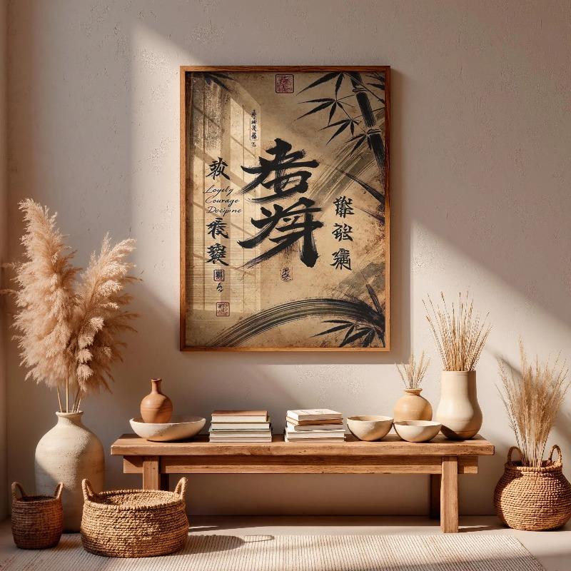 Artă de Caligrafie Japoneză Vintage: Set de 3 Tabouri Zen de Perete Pictură Tradițională cu Pensulă de Cerneală Decor Estetic Rustic Asiatic Set de Galerie