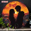 Retro Couple Sunset Silhouette Round Metal Wall Art Urban Skyline Tin Sign 7.87 Inch Aluminum Decor For Home Cafe Garage