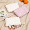 Sequined Cosmetic Bag Girls Stylish Glittery Clutch Makeup Bag with Faux Pearl Bow Zipper Puller Portable Travel Toiletry Organizer for Women