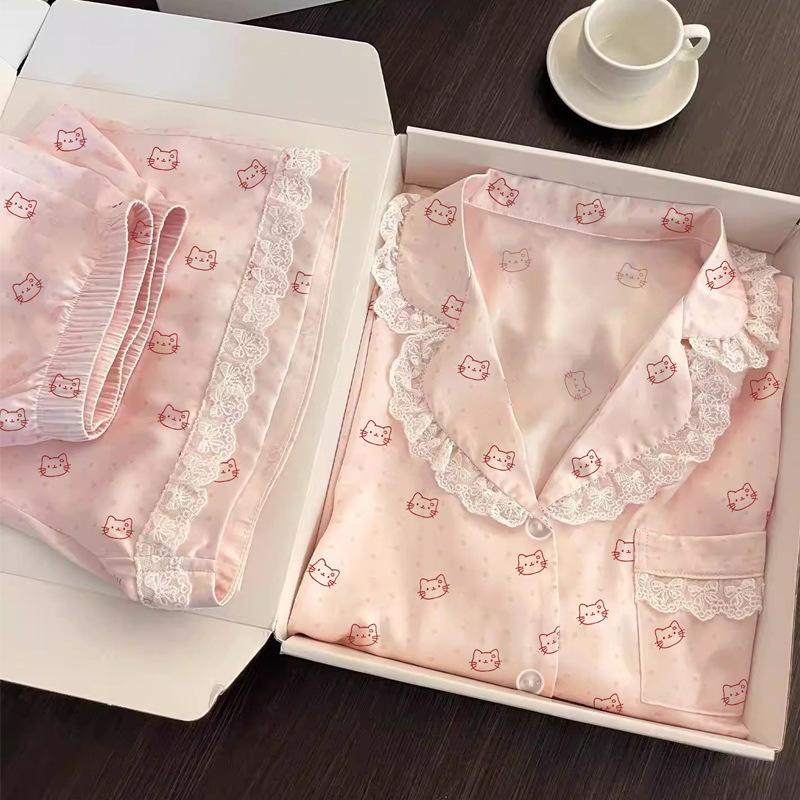 Sweet Cartoon Ice Silk Premium Lace Edge Pajamas Women'S Summer Short-Sleeved Suit Loungewear