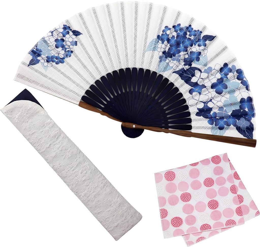 [Osaka Choseido] Women's Folding Fan, Stylish Business Fan Bag, Folding Fan Case, and Handkerchief Set, Indigo (Hydrangea)