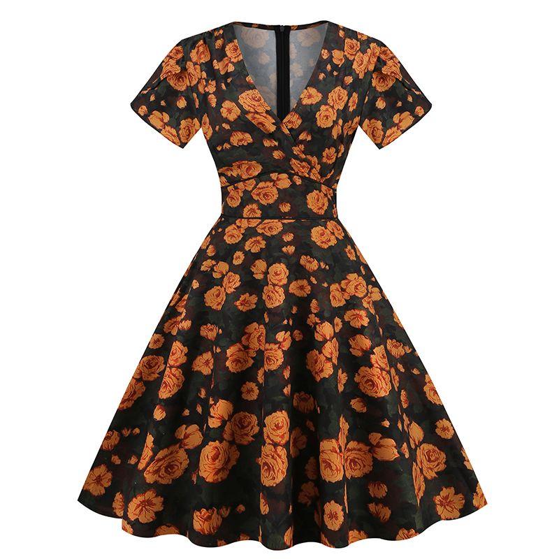 Retro Color Large Hem High Waist Slimming A- line Skirt Short Sleeve