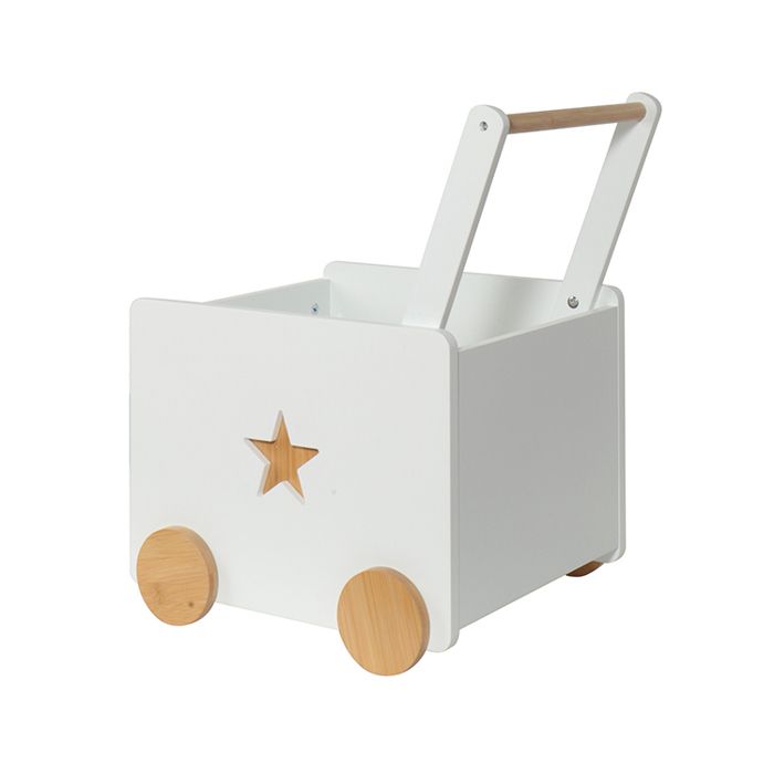 Boîte à Jouets Enfant GINGER HOME, sur Roulettes avec Poignée de Poussée, Bois MDF Blanc et Bambou, 38x45x54 cm
