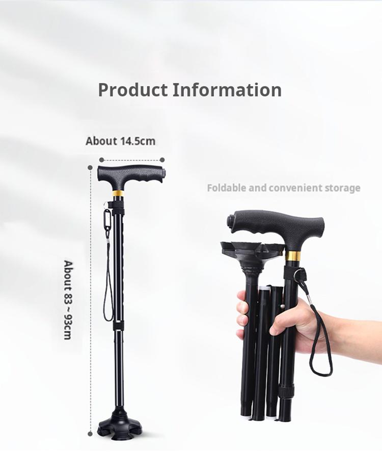 LED Light-Up Folding Walking Cane - Adjustable Height & Pivoting Quad Base for Seniors (Portable Safety Cane)
