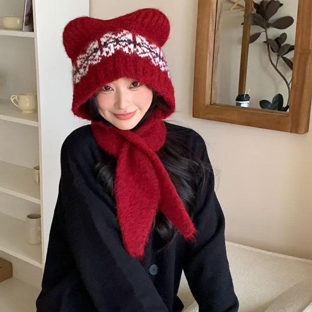 Cat Ear Warm Knitted Hat Pullover Style Windproof Balaclava Hat Thickened Ear Protection Women's Knitted Scarf Hat
