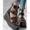 Fashion Women Peep Toe Black Sandals Ladies Summer Casual Sexy Rivets Design Thick Heels Shoes Ankle Buckle Footwears