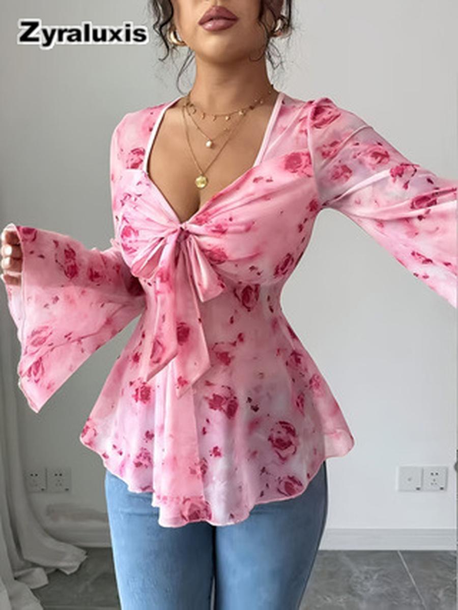 Plus Size Women s Floral Print Mesh See-Through Bell Sleeve Bowknot Front Casual Elegant T-Shirt 1XL красный