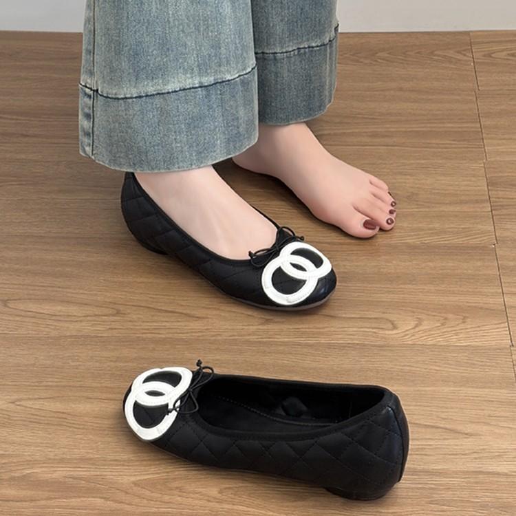 Sheepskin Model~ Genuine Leather Small Fragrance Inner Height Increase 5cm Shallow Mouth Single Shoes Retro Bow Ballet Shoes Female Grandma Shoes