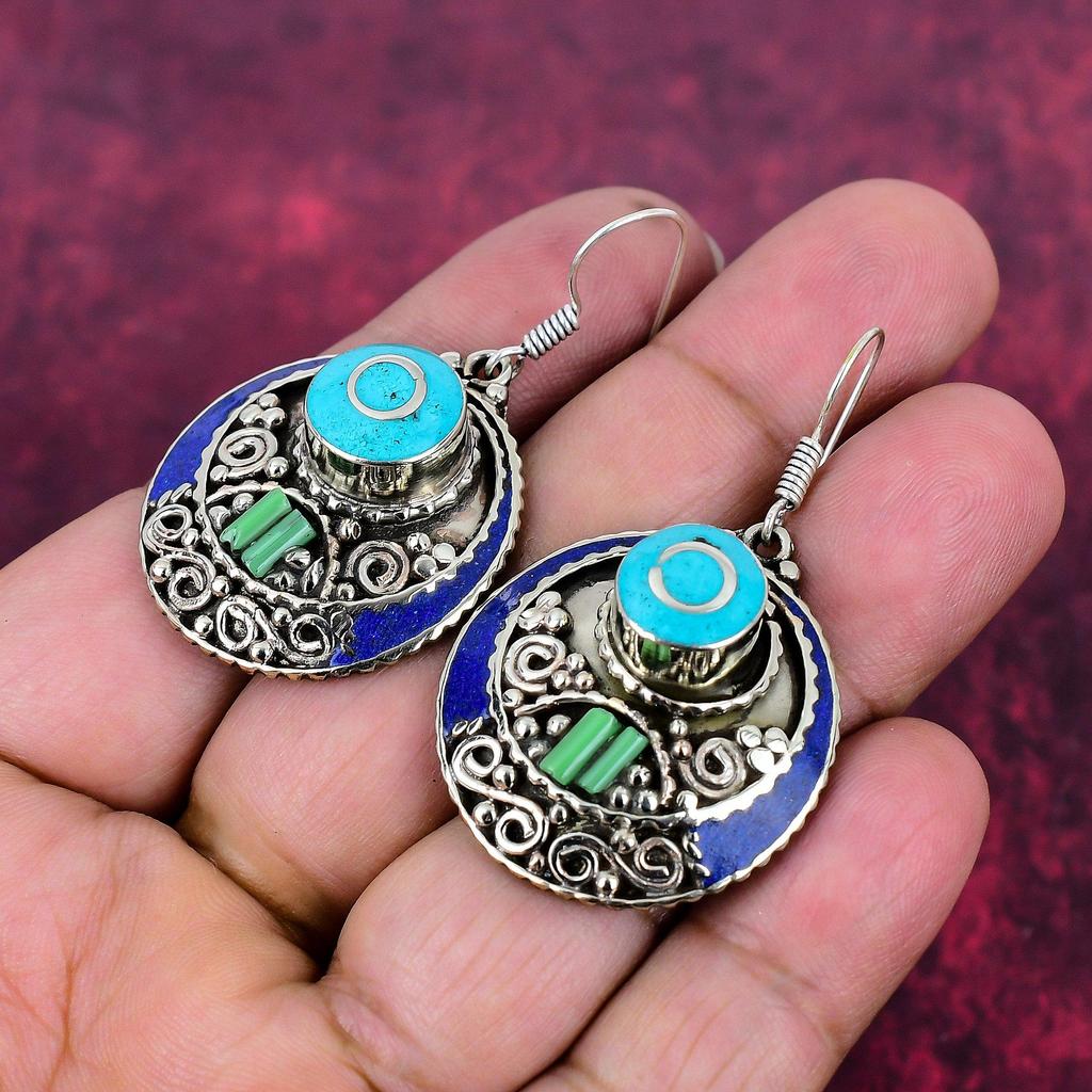Lapis Lazuli & Turquoise 925 Solid Sterling Silver Earrings, Handmade Gemstone Nepali Earrings Jewelry, Gifts For Wife Brand New Earrings