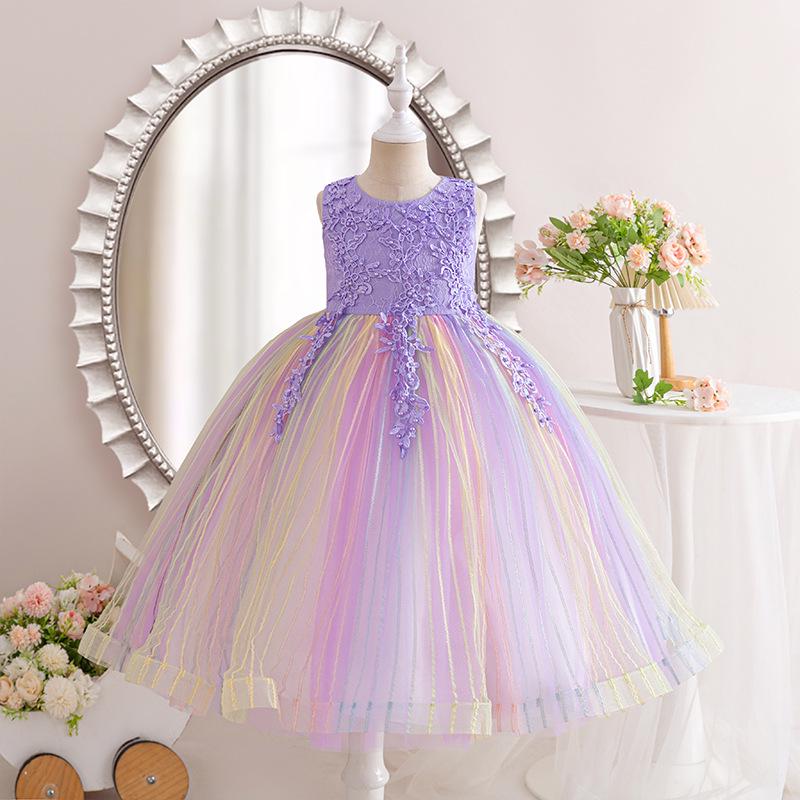 Regnbågsnät Ärmlös Födelsedagsprinsessklänning för Flickor med Pärlor