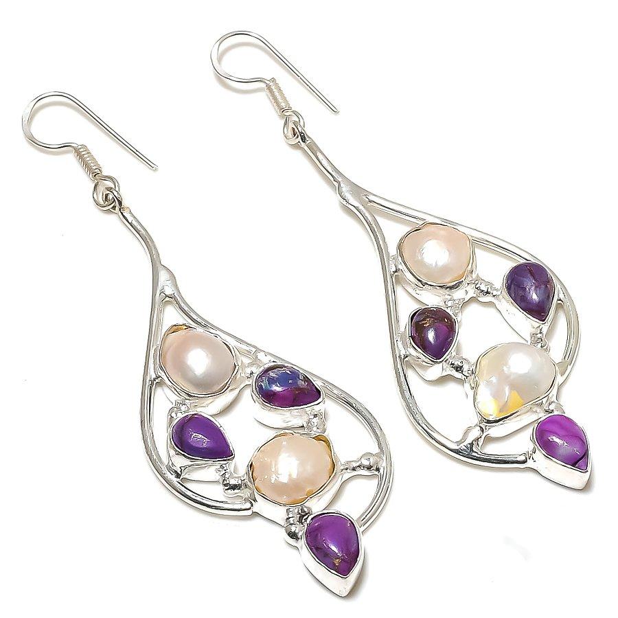 Copper Purple Turquoise, Pearl 925 Sterling Silver Jewelry Earring 3.35" GK-2006