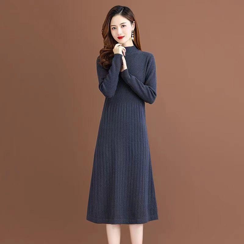 

Вязаное платье до колена для женщин однотонное средней длины свитер осенне-зимний топ с полувысоким воротником пуловер трендовый XL серый