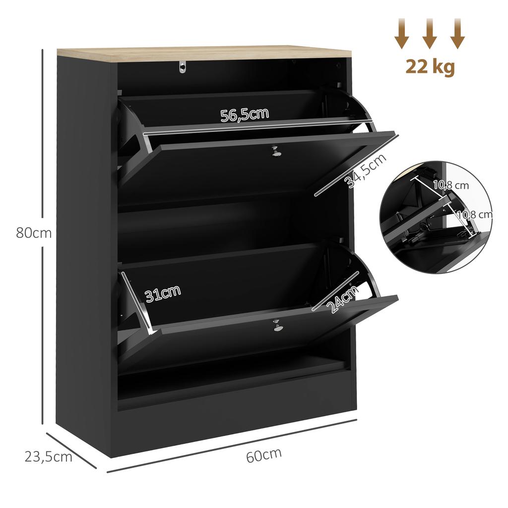 Shoe Cabinet for 12 Pairs, 2 Drop-Down Drawers, Adjustable Shelves, 60x23.5x80cm, Black
