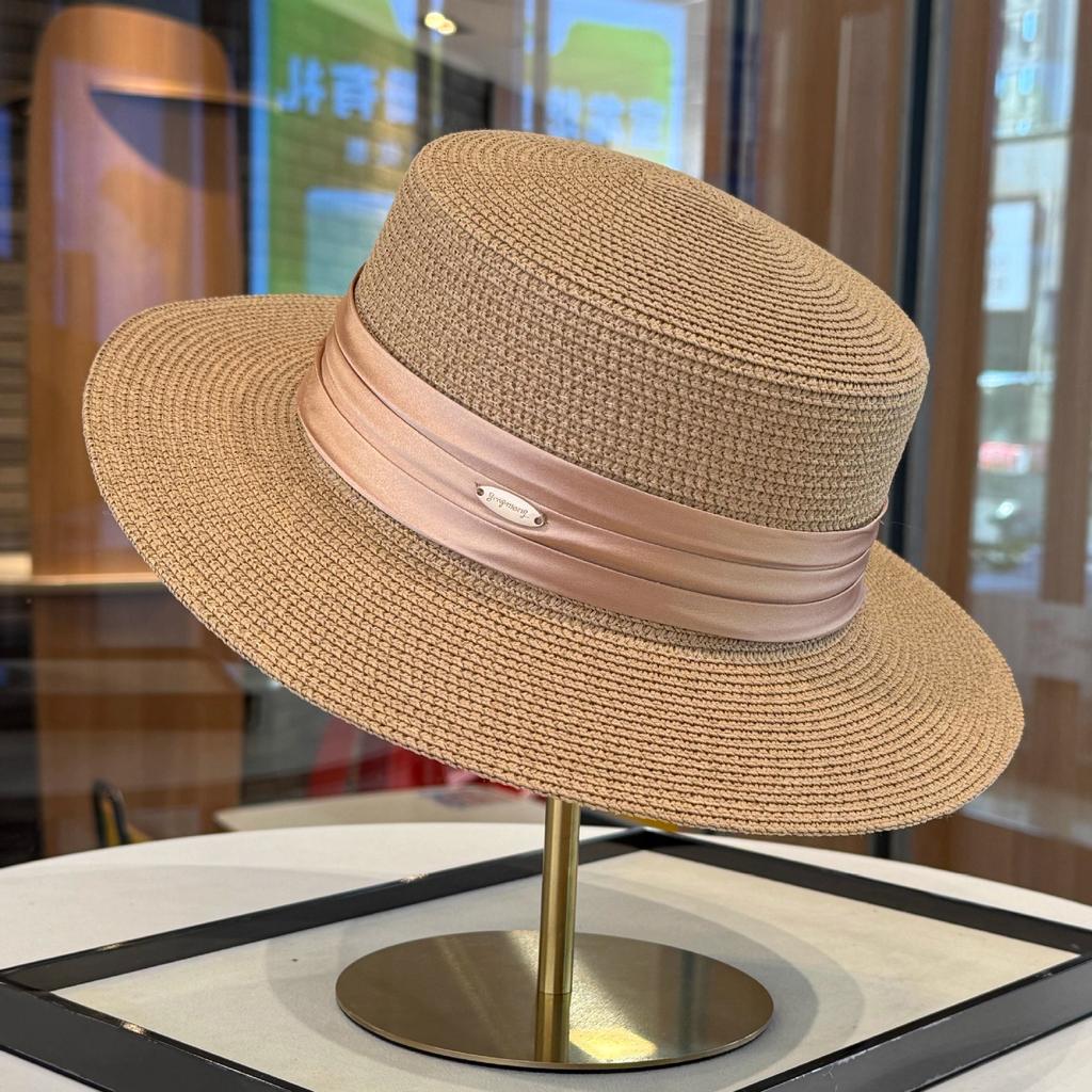 Celebrity Style Flat Top Straw Hat Women's Spring and Summer New Flat Top Top Hat Elegant Satin Temperament Straw Sun Hat