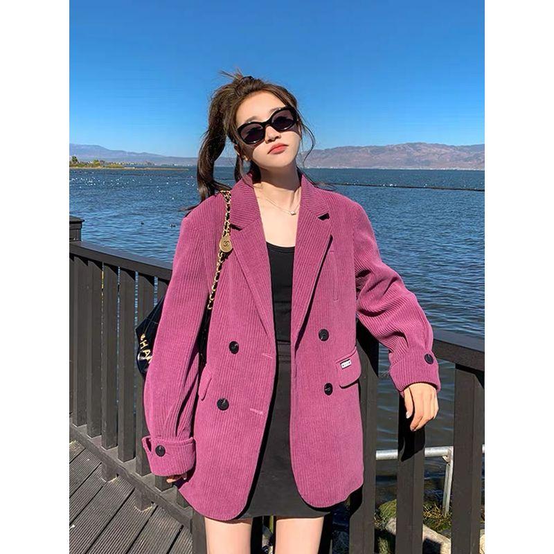 

Осенняя Новая Женская одежда Сливовый Цвет Вельветовый Маленький Костюм Ретро Приталенный Маленький Темперамент Блейзеры с длинным рукавом Purple 3XL