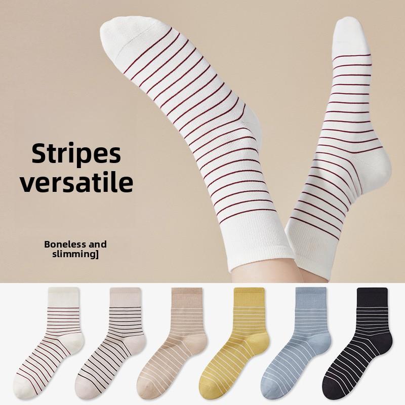 Female Spring and Autumn Pure Cotton Striped Breathable Sweat Absorbing Boneless Tube Stack Socks