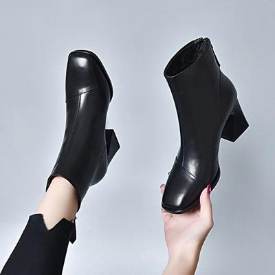 Fashion Square Toe Heeled Women's Ankle Boots Leather Female Short Shoes Autumn Winter Fleece-Lined Booties Chic and Elegant Hot Boot