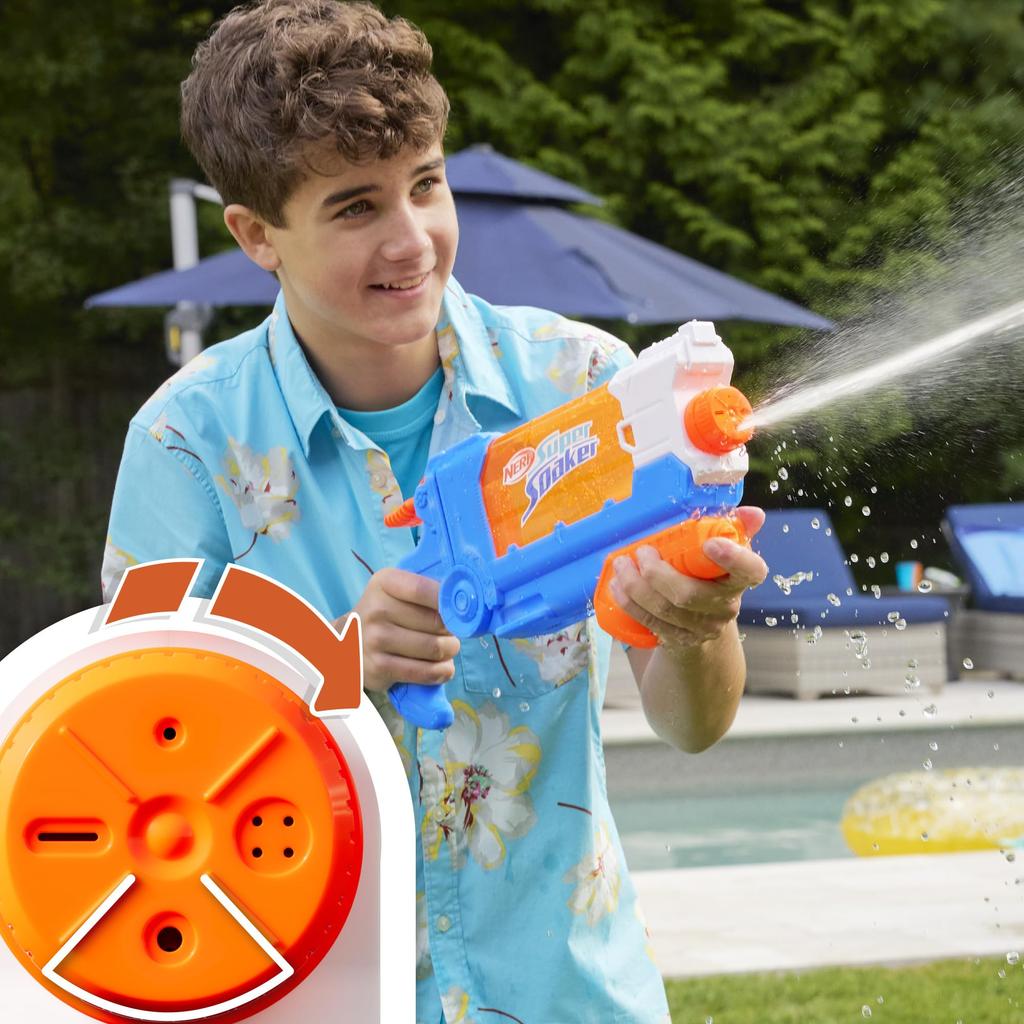 Hasbro Nerf Super Soaker Flip-Fill Water Blaster, 4 Firing Patterns, Quick Refilling, 887mL Tank Capacity, Suitable for Children 6 Years and Up,