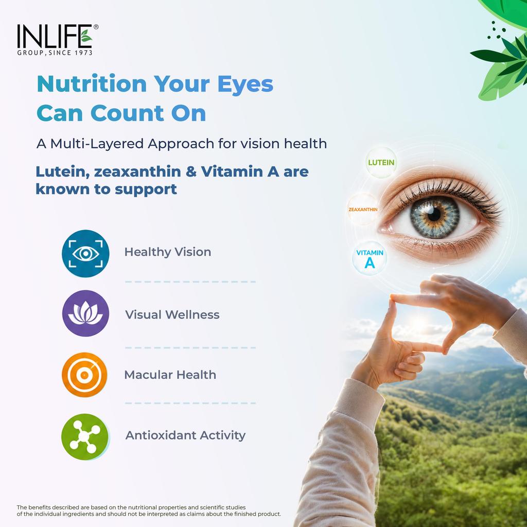 INLIFE Eye Health Supplement, Lutein Zeaxanthin & Bilberry, 60 Veg Caps