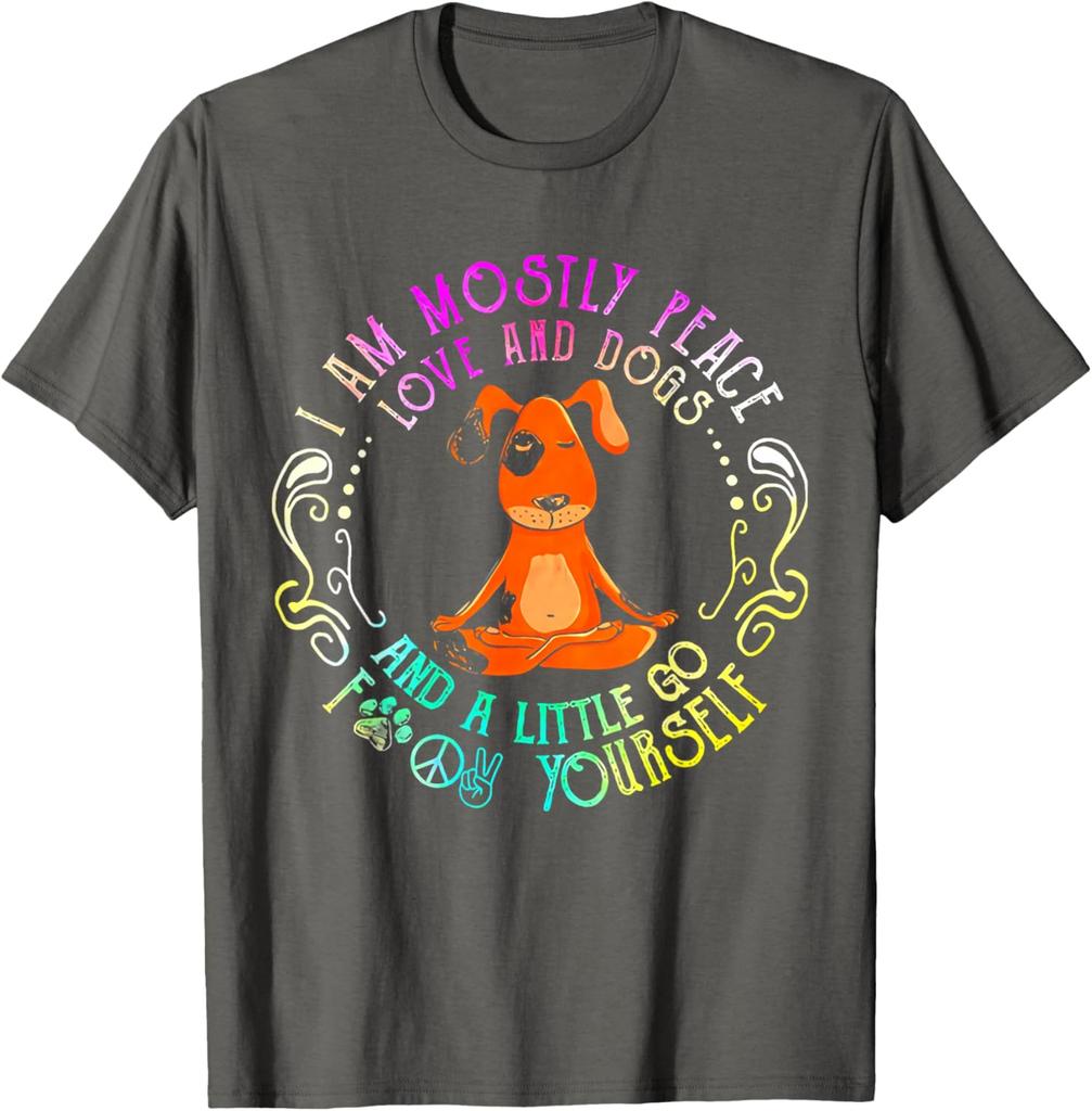 Peace Love Dogs Yoga Funny Graphic Tee Soft Cotton TShirt Casual Gift for Dog Lovers