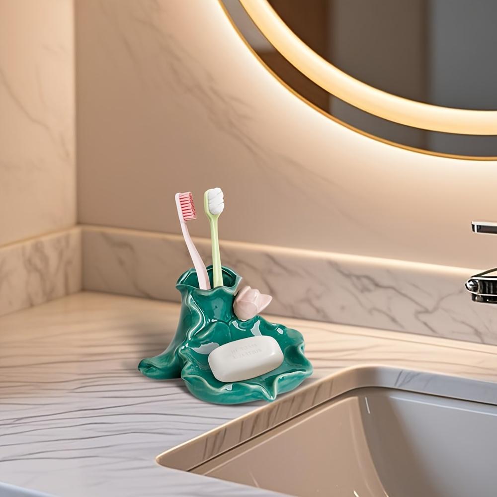 1pc Lotus Leaf Design Multifunctional Toothbrush Holder, Luxury Ceramic Bathroom Vanity Organizer for Toothbrushes, Toothpaste, Makeup Brushes