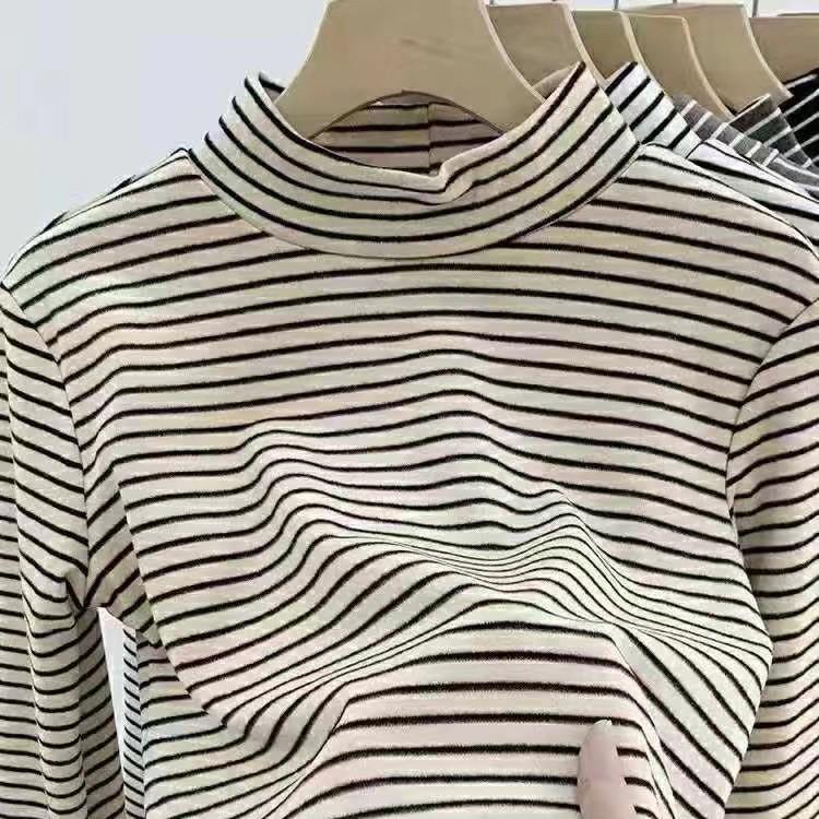 Women's Striped Velvet Mid-Neck Pullover - Autumn/Winter Warm Slim-Fit Long Sleeve Shirt