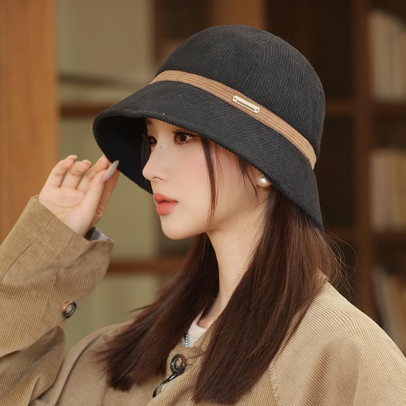 Autumn hat women's large brim showing face bucket hat high-end corduroy bucket hat versatile basin hat