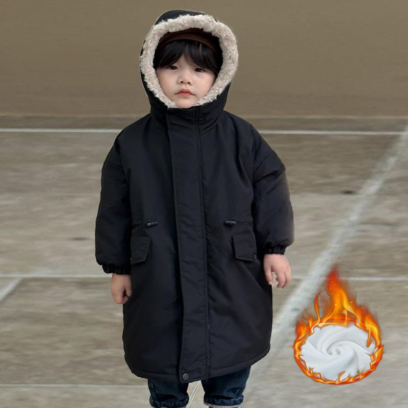 

Зимние детские стеганые куртки для мальчиков и девочек, утепленные парки, детские длинные пальто из бархата с капюшоном, теплая одежда 130cm чёрный