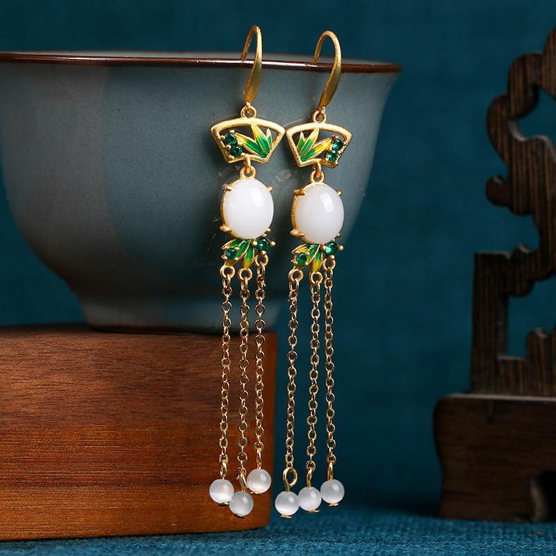 Aieryuan Gold-Plated Fan-Shaped Earrings with Imitation Jade Tassels - Retro Design