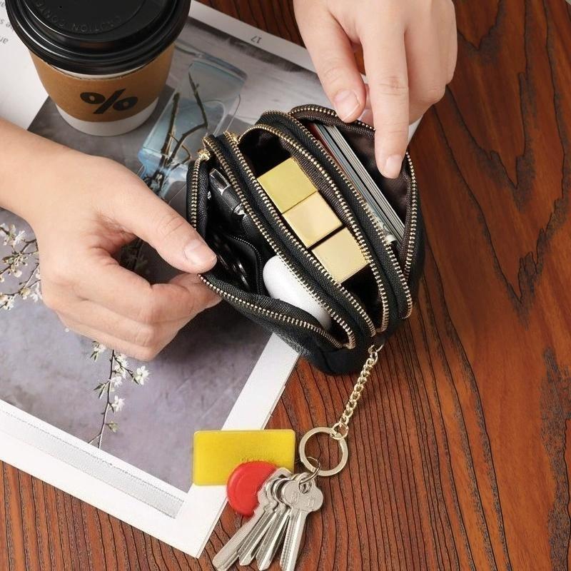 Women Leather Zipper Pouch Wallet with Keychain – Compact Coin Purse, Card Holder, Double Zipper, Everyday Carry Organizer