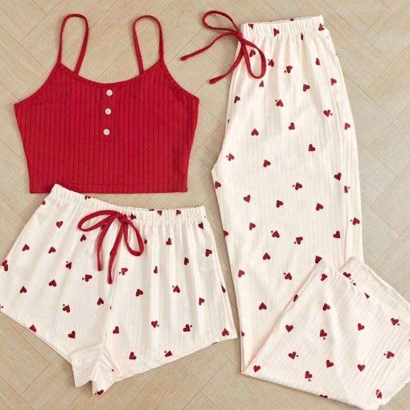 Heart Print Spring & Summer Women's Pajama Set - Sweet & Cute Casual Three-Piece Homewear