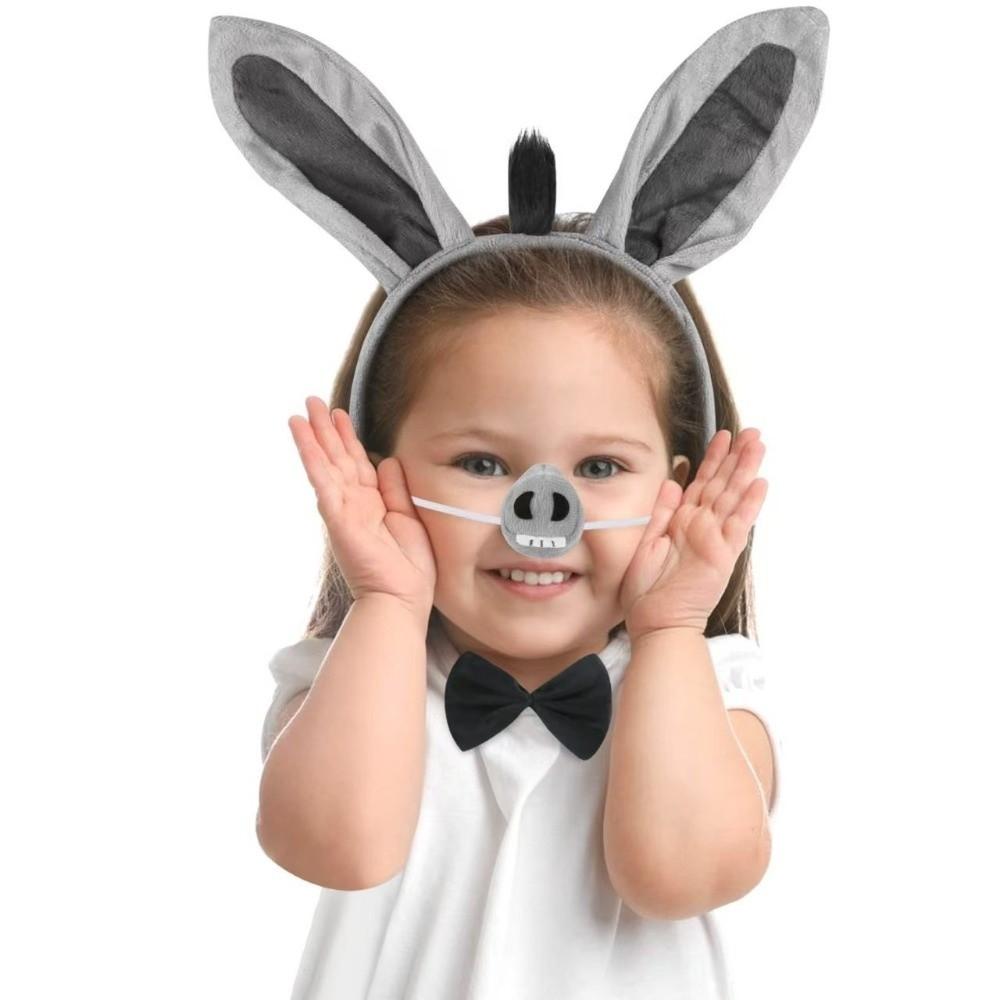 4PCS New Funny Donkey Costume Set Tail Nose Bow Tie Donkey Ears Headband Animal Cosplay Dress Up for Halloween