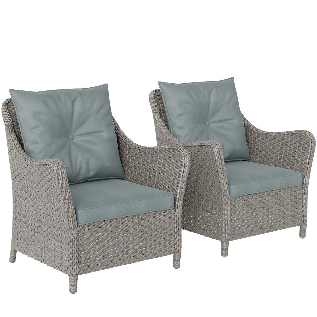 Rattan Garden Chairs Set of 2, Outdoor Rattan Chairs with Cushions, Armrests and High Back, PE Wicker Garden Armchair with Steel Frame for Balcony
