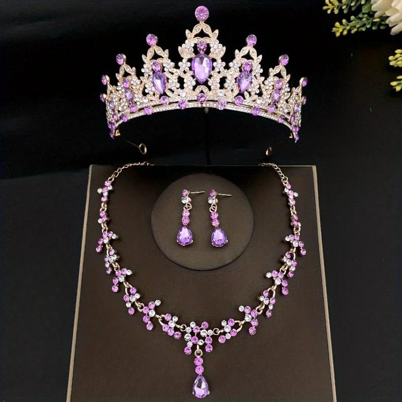 3pcs/set Crystal Bridal Tiaras And Crowns Earrings Necklace Jewelry Set For Women Bride RhinestoneWedding Hair Accessories Crown