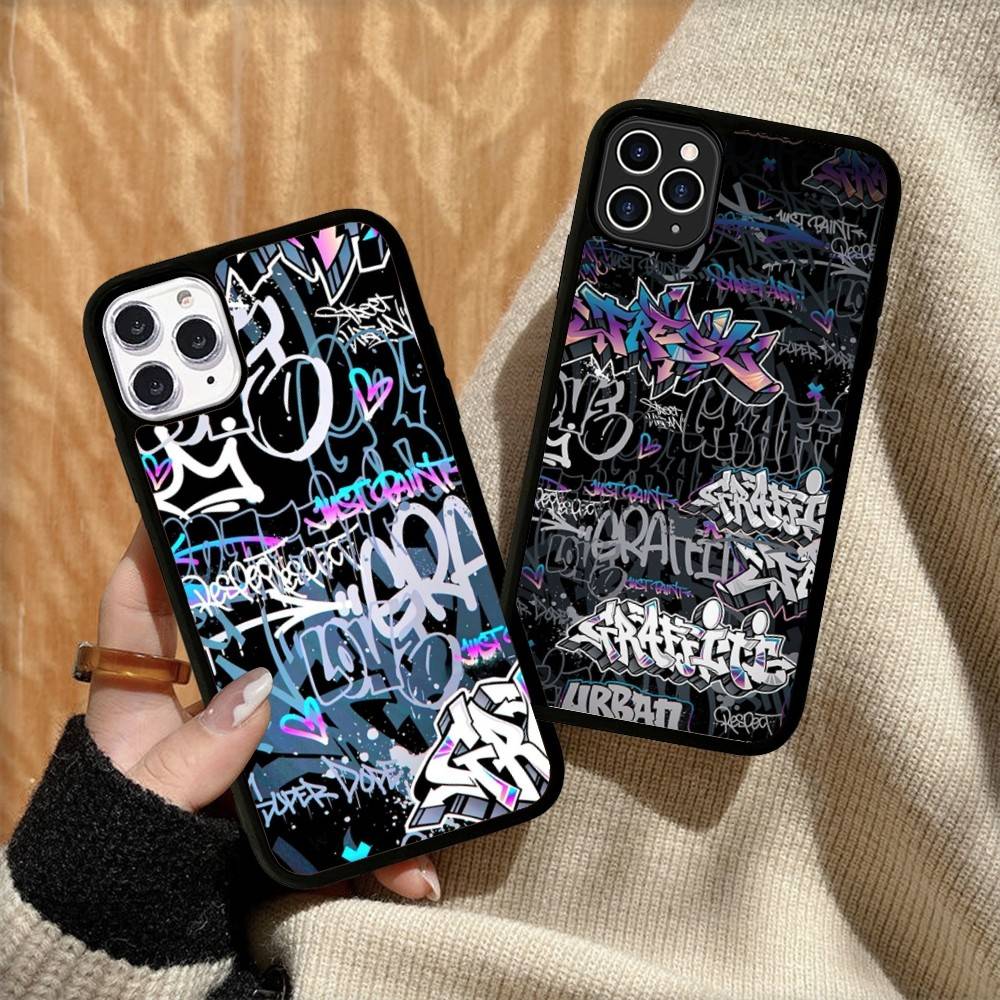 Cool Black Graffiti For iPhone 17 16 15 14 13 12 11 Mini Pro Max Plus PC+TPU Back Phone Cover