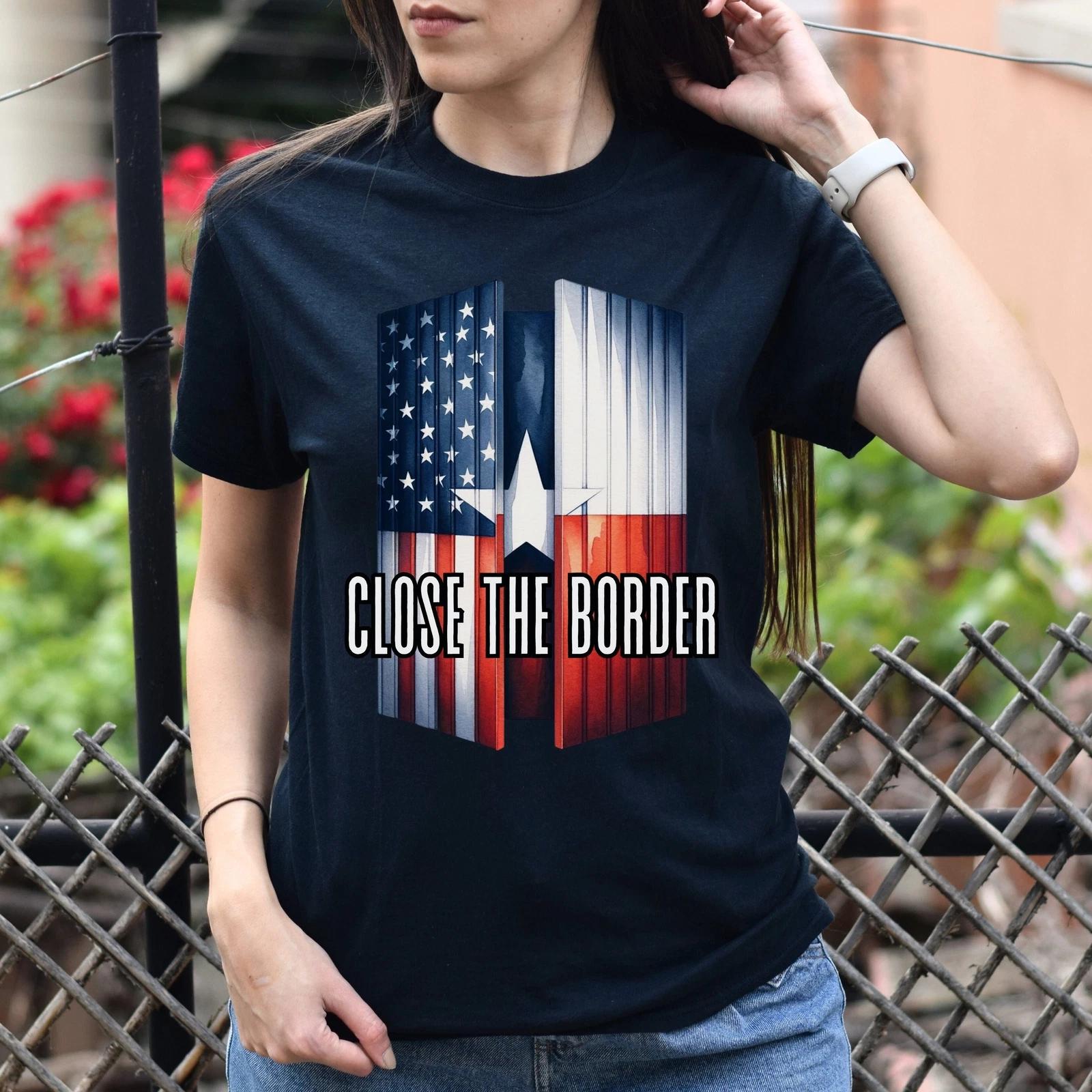 Texas Close the border Unisex T-shirt US flag Texas flag tee Black Navy Dark Hea L