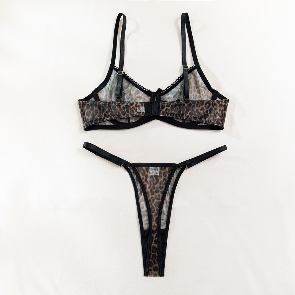 French Leopard Print Mesh Push-up Bra and Panty Lingerie Set
